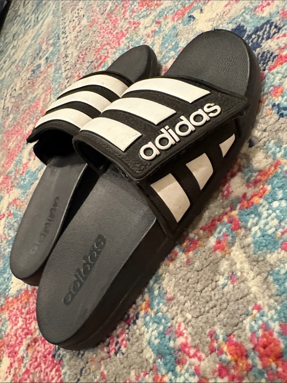 adidas Black and White Kids Slide Sandals with Three Stripes - Picture 3 of 5